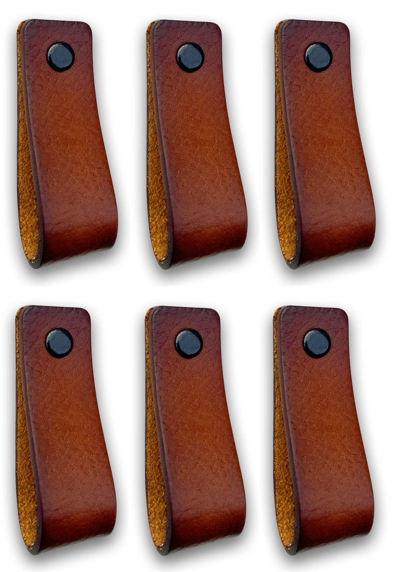 Brute Strength - Leather Furniture Handles - Cognac - 6pcs - 6.5" x 1" - Leather Dresser Pulls - Cabinet knobs Dresser knobs - Handles - Image 1